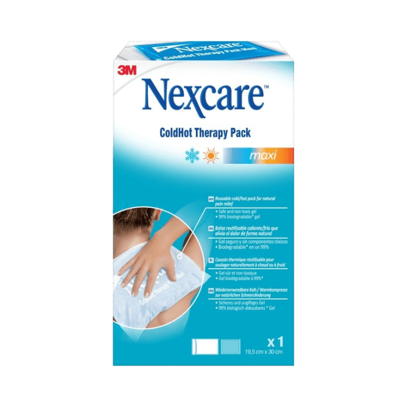 Nexcare ColdHot Maxi gelkudde för större ytor, perfekt för rygg och axlar vid värme- eller kylbehov.