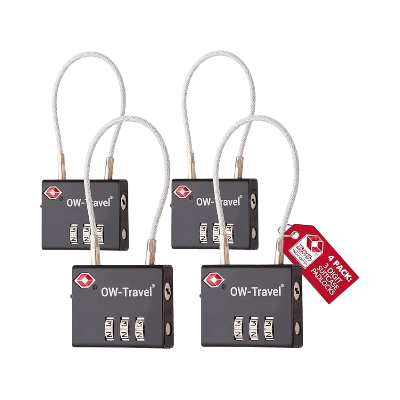 4-pack OW-Travel TSA-godkända kombinationshänglås med flexibel vajer