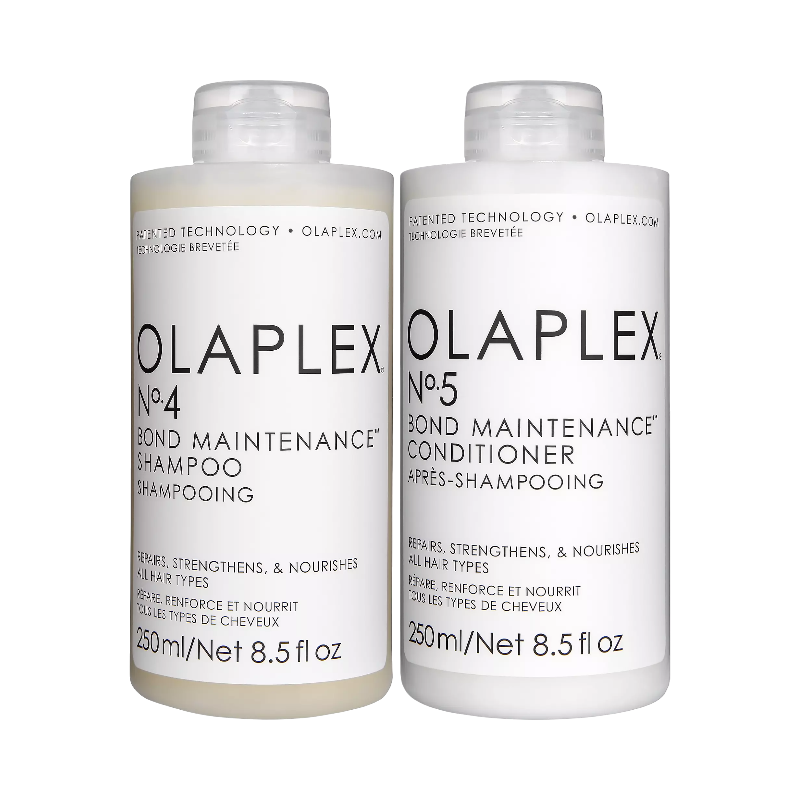 Olaplex No.4 schampo och No.5 balsam för skadat hår med bond maintenance-teknologi.