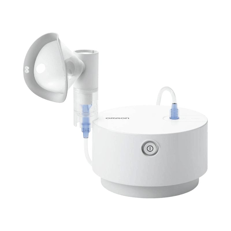 Omron C28P kompressornebulisator med munstycke och andningsmask för effektiv inhalation.