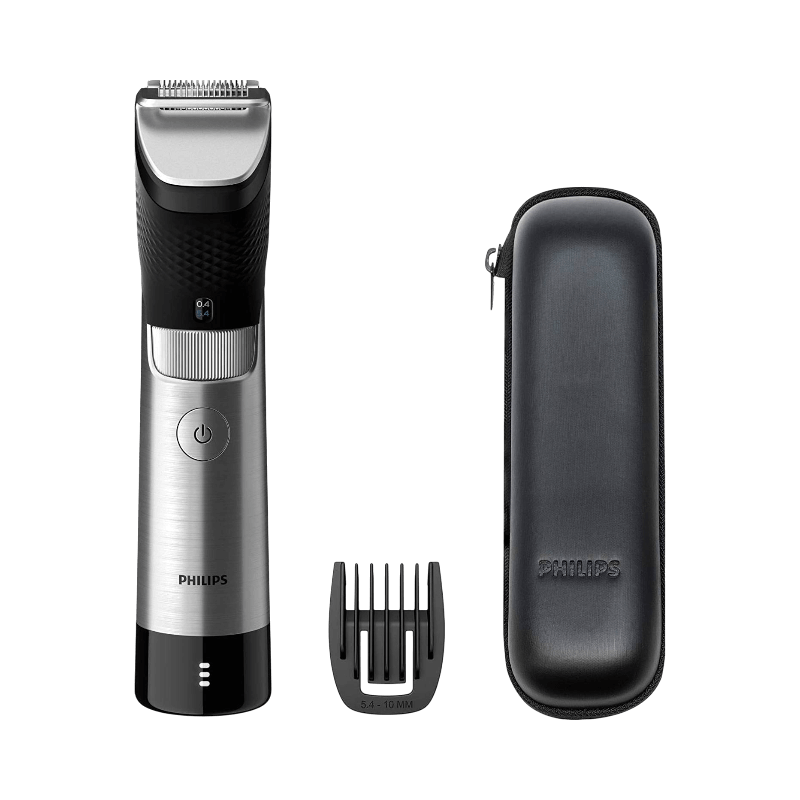 Philips 9000 Prestige skäggtrimmer i rostfritt stål med justerbar kam och skyddsfodral