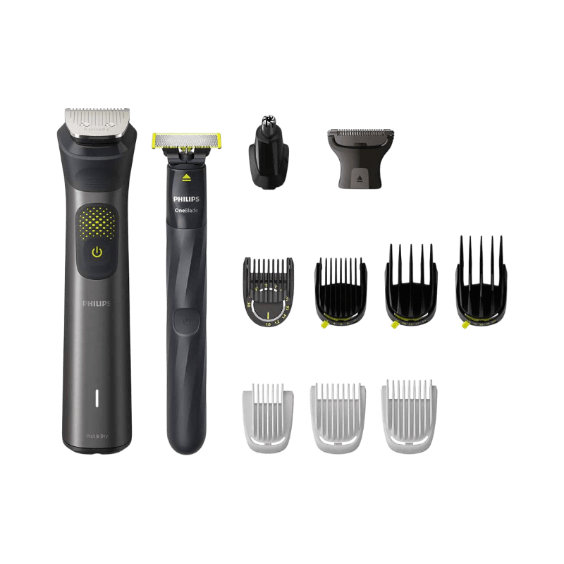 Philips all-in-one trimmer med OneBlade och 13 tillbehör för rakning, trimning och grooming.