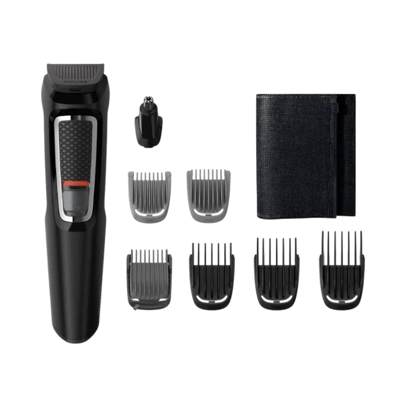 Philips Multigroom Series 3000 med flera kammar, nästrimmer och förvaringsväska.