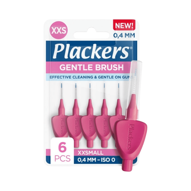 Plackers Gentle Brush XXS 0,4 mm mellanrumsborstar för skonsam rengöring – 6-pack
