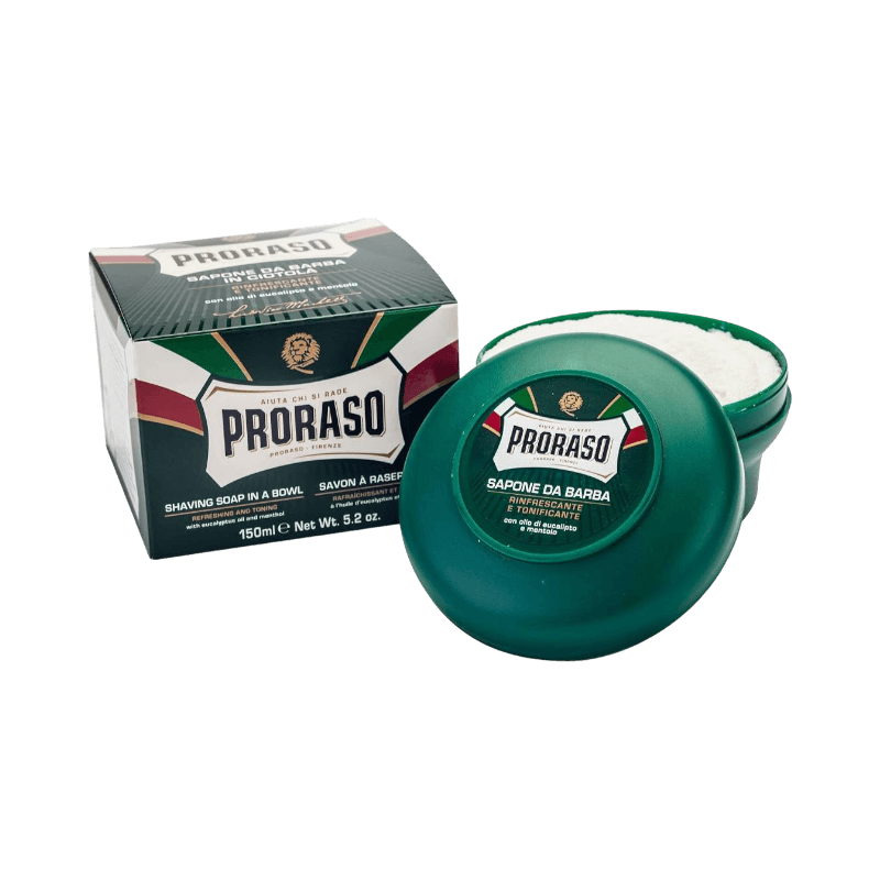 Proraso raktvål med eukalyptus och mentol i grön skål 150 ml