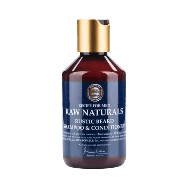 Raw Naturals Rustic skäggschampo och balsam i flaska med guldlock för naturlig skäggvård.