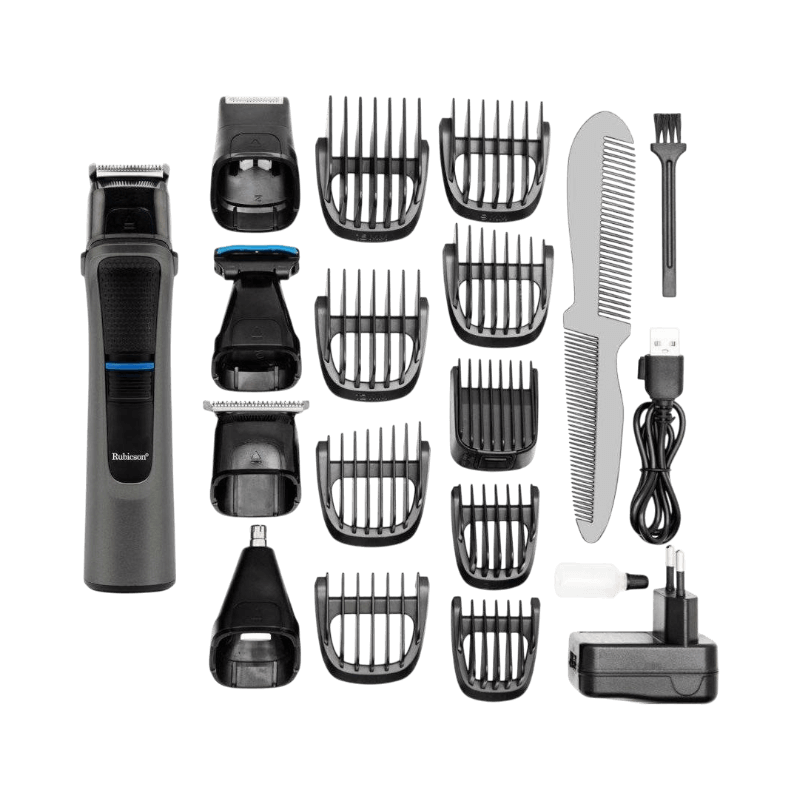 Rubicson multitrimmer set med många kammar, tillbehör och USB-laddare för full grooming.