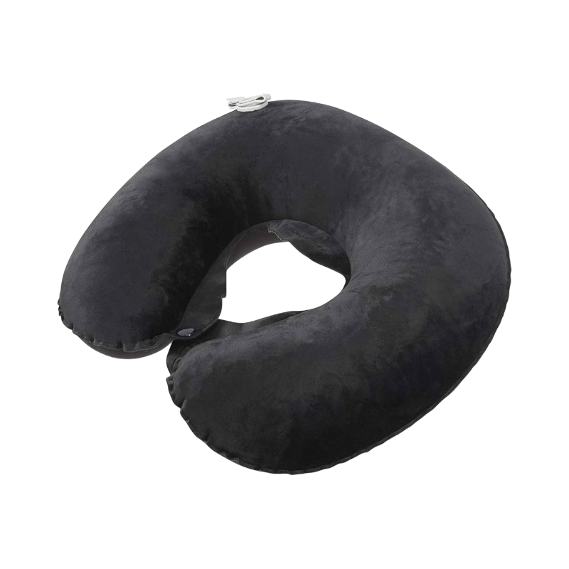 Svart U-formad uppblåsbar nackkudde från Samsonite med snabbventil och mjuk yta.