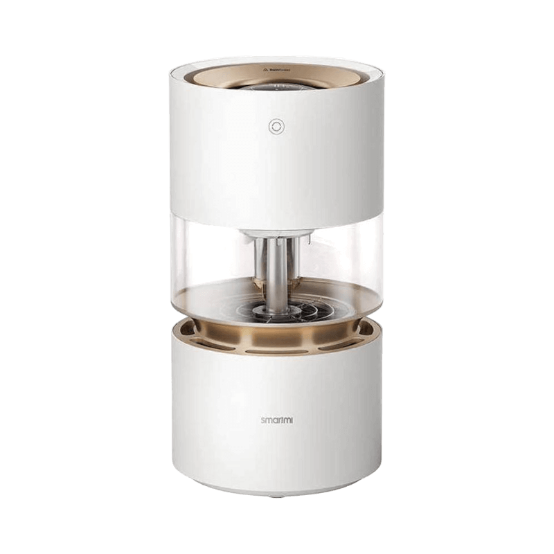 Smartmi luftfuktare med transparent vattentank och elegant design i vitt och guld.