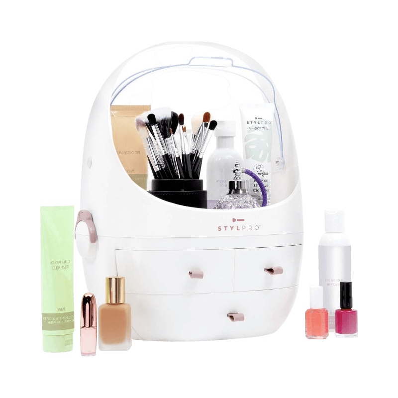StylPro sminkväska med handtag och fack för borstar, nagellack och hudvårdsprodukter.