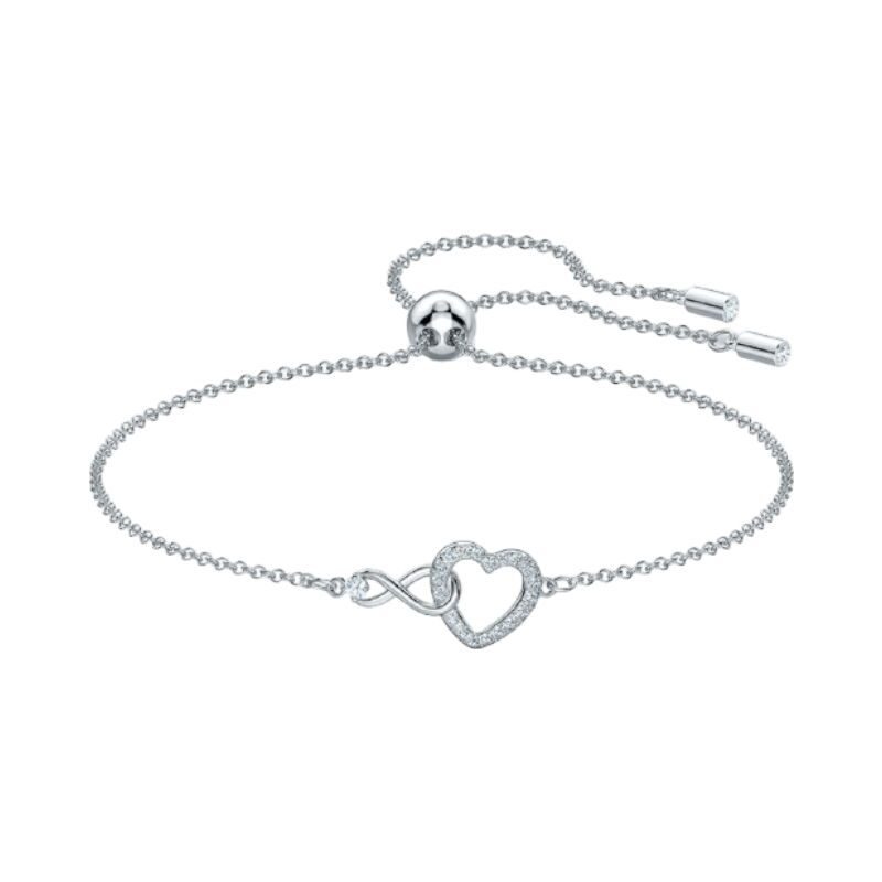 Silverarmband med hjärta och infinity-symbol dekorerat med glittrande kristaller.