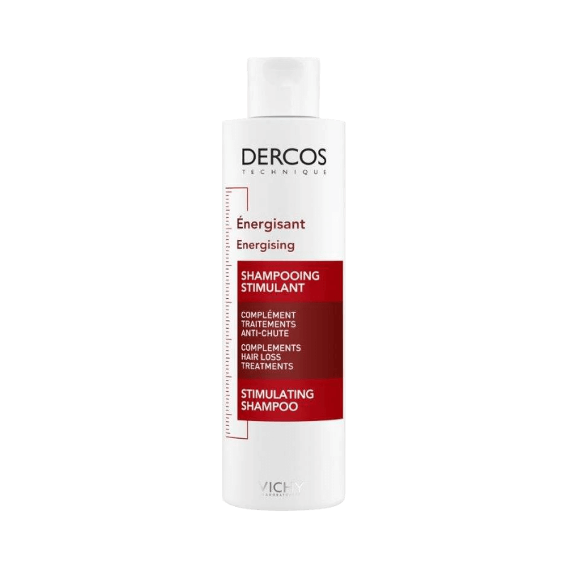 Vichy Dercos Energising schampo mot håravfall i vit flaska med röda detaljer