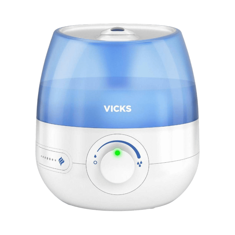 Luftfuktare från Vicks i kompakt format med blå vattentank och reglage på framsidan.