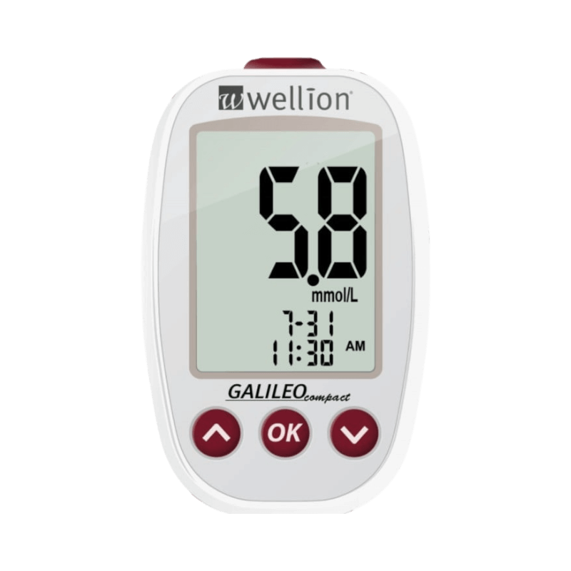 Wellion Galileo Compact blodsockermätare visar 5,8 mmol/L med tydlig digital display.