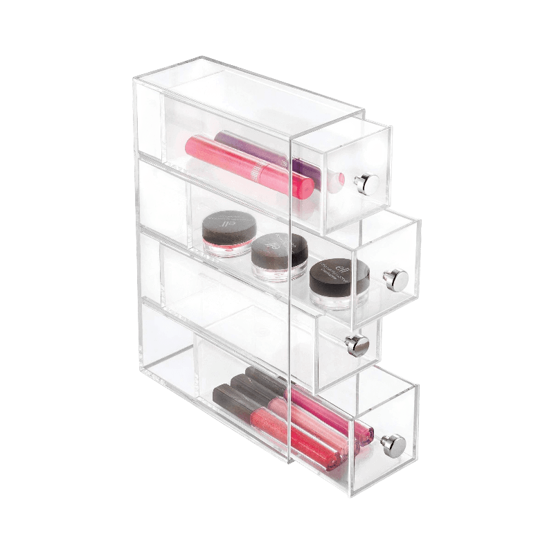 Transparent iDesign sminkförvaring med utdragbara lådor för smidig förvaring av makeup.