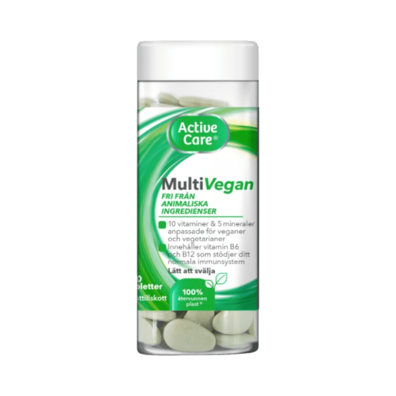 Active Care MultiVegan med 120 tabletter, veganskt tillskott med 10 vitaminer och 5 mineraler.