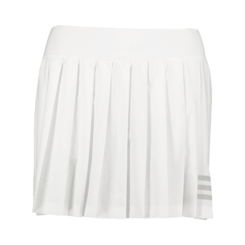 Vit plisserad tennis kjol från Adidas med diskreta grå ränder – klassisk design för match och träning.
