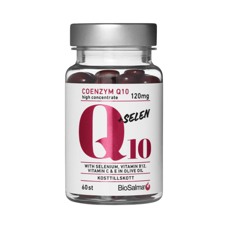 Biosalma Coenzym Q10 120 mg med selen och vitaminer – 60 kapslar i olivolja.