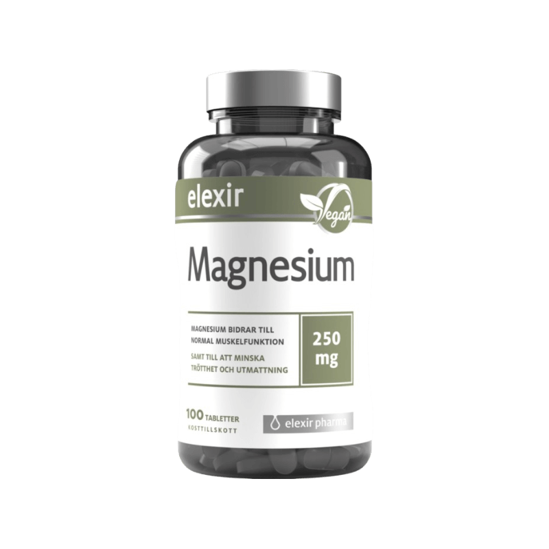 Burk med Elexir Magnesium 250 mg tabletter för normal muskelfunktion och minskad trötthet.