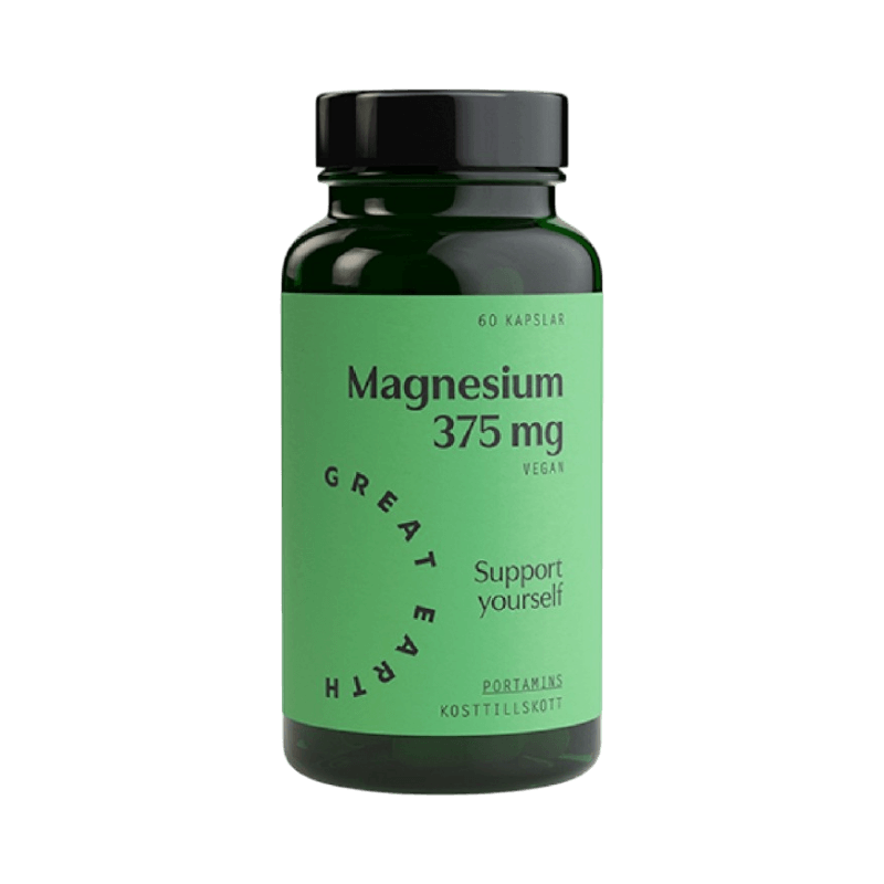 Great Earth Magnesium 375 mg veganska kapslar i mörkgrön burk.