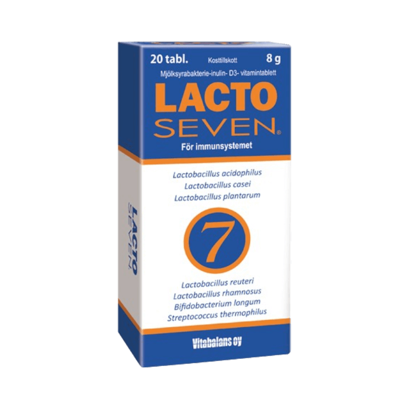 Lacto Seven med sju mjölksyrabakteriestammar och D-vitamin för immunsystemets funktion.