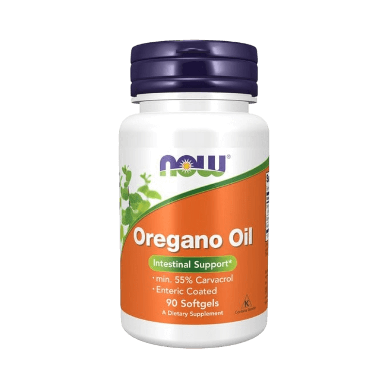 Kosttillskott med oreganoolja från NOW Foods, enterokapslar med 55 % karvakrol för mag- och tarmhälsa.