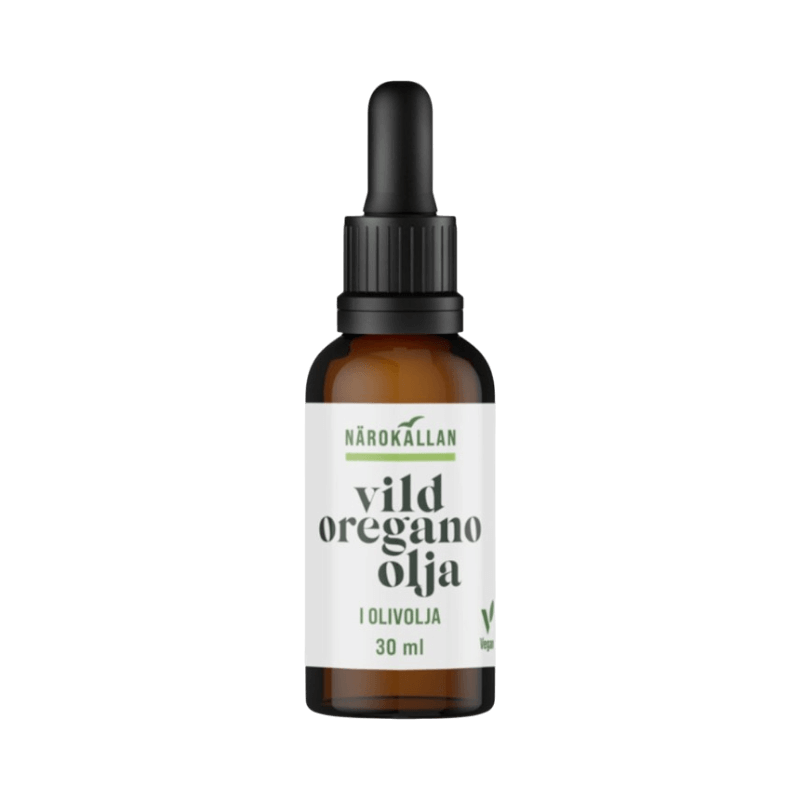Närokällan vild oreganoolja i olivolja, vegansk olja i brun glasflaska med pipett, 30 ml.