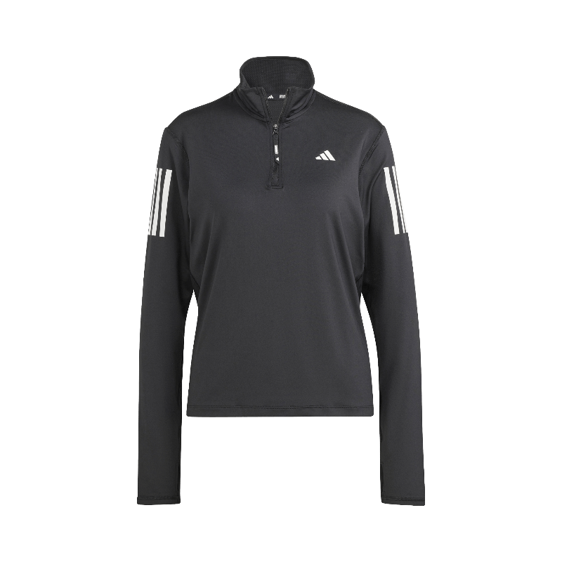 Svart långärmad löpartröja från Adidas med halv dragkedja och logga på bröstet och ärmarna.