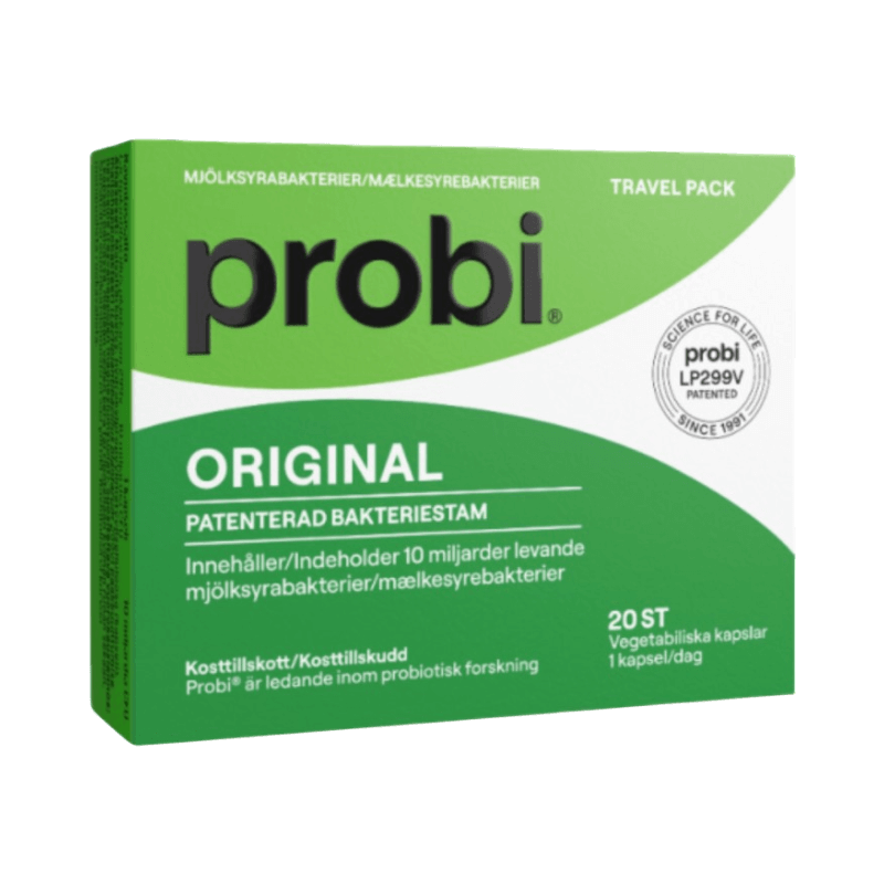 Probi Original med 10 miljarder levande bakterier i praktisk reseförpackning med patenterad bakteriestam.