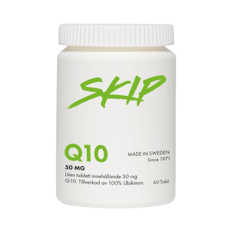 Skip Q10 50 mg – svensktillverkat kosttillskott med 100 % ubikinon, 60 tabletter.