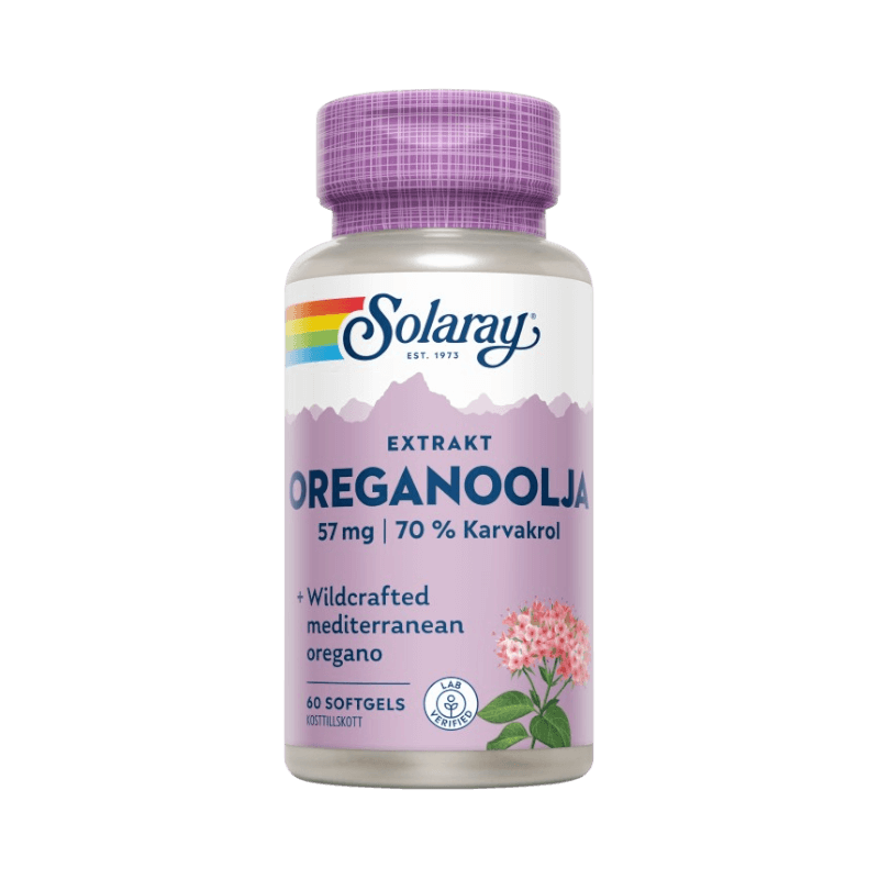 Solaray Oreganoolja med 70 % karvakrol och vildmedelhavsoregano, 60 softgels i burk.