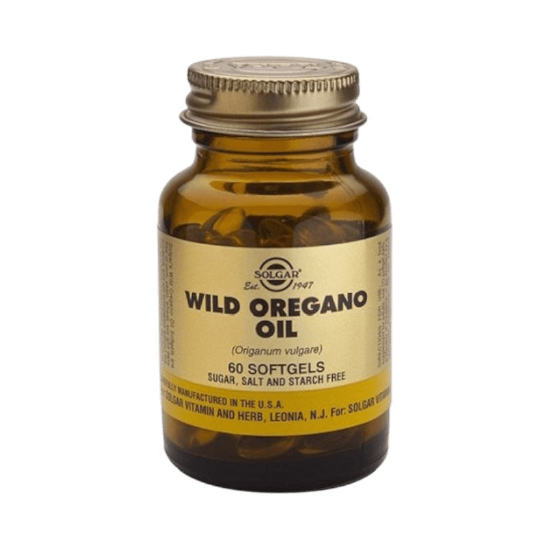 Solgar Wild Oregano Oil, sockerfri softgel i brun glasburk med guldetikett, 60 kapslar.
