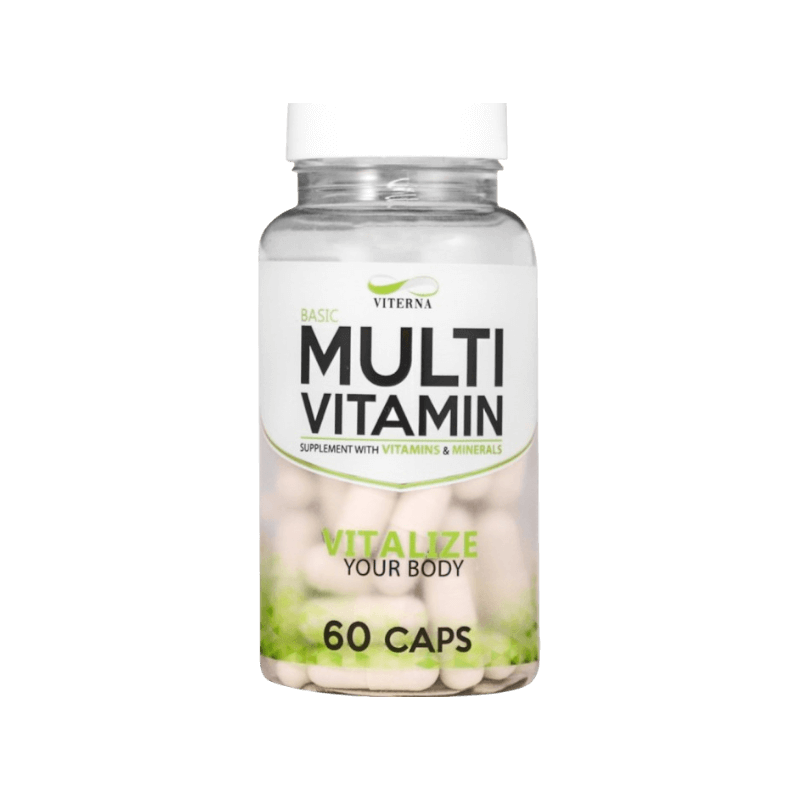 Viterna Basic Multivitamin med 60 kapslar, innehåller vitaminer och mineraler för daglig hälsa.