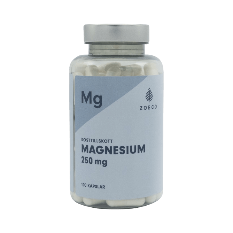 Zoeco Magnesium 250 mg i stilren blå burk med 100 kapslar.