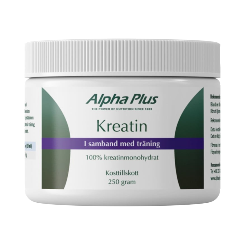 Alpha Plus kreatinmonohydrat 250 g för ökad muskelenergi och träningskapacitet.