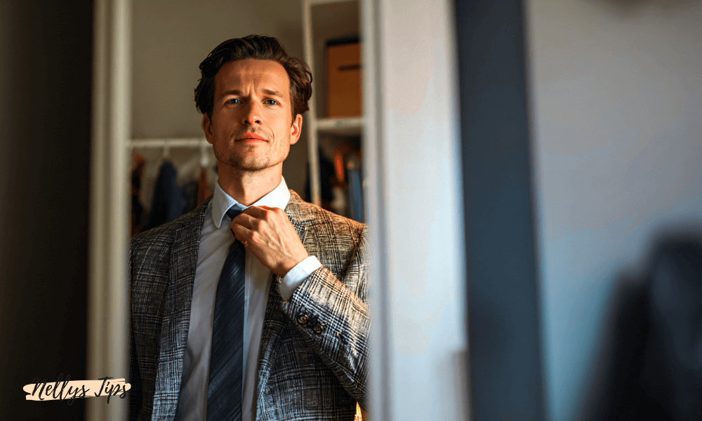 Man justerar slips framför spegeln och bär en stilfull kostym.