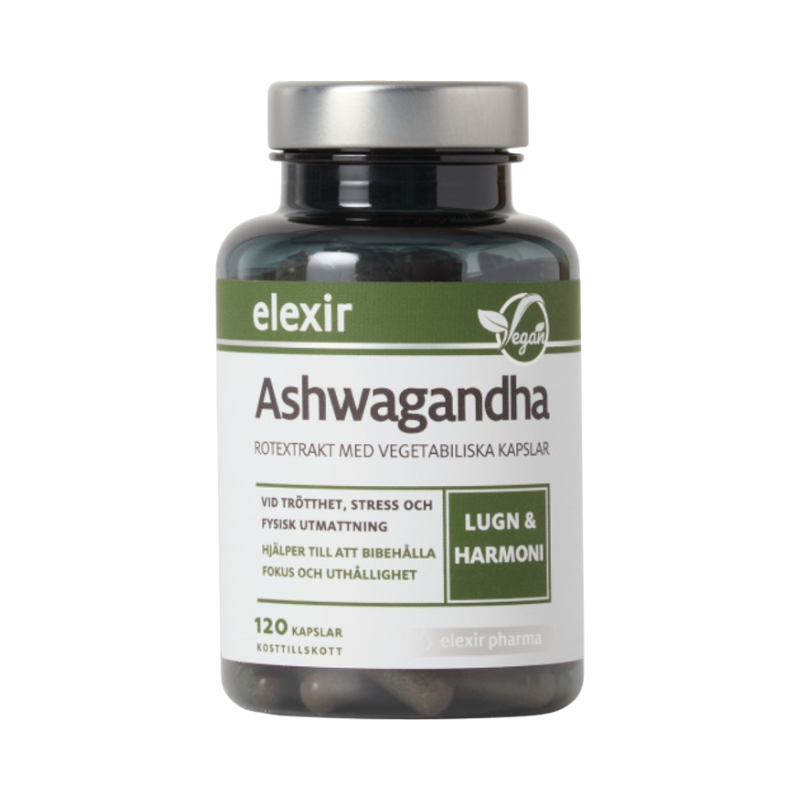 Elexir Ashwagandha kapslar för fokus, lugn och energi i vegansk burk