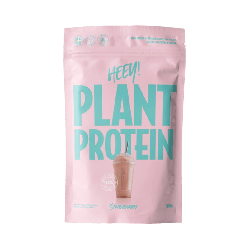 Veganskt proteinpulver med jordgubbssmak i rosa förpackning från Heey med 88% proteinhalt.