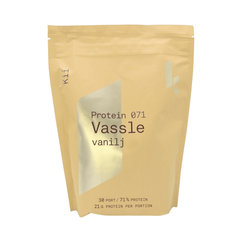 Kii vassleprotein med vaniljsmak i minimalistisk gul förpackning med 71 % proteinhalt.