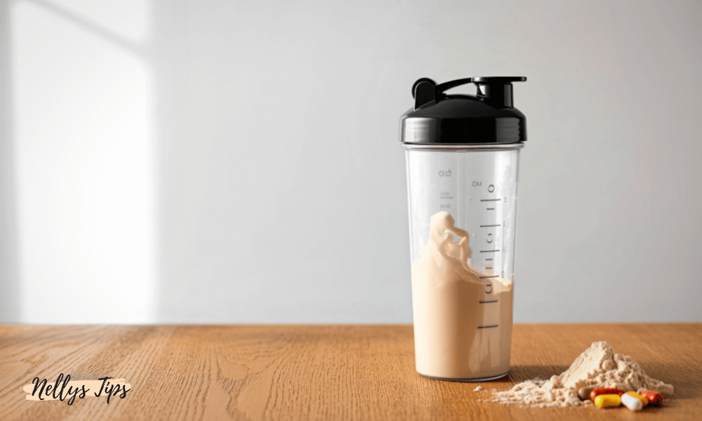 Shaker med färdigblandat proteinpulver, pulverhög och kapslar på ett bord.