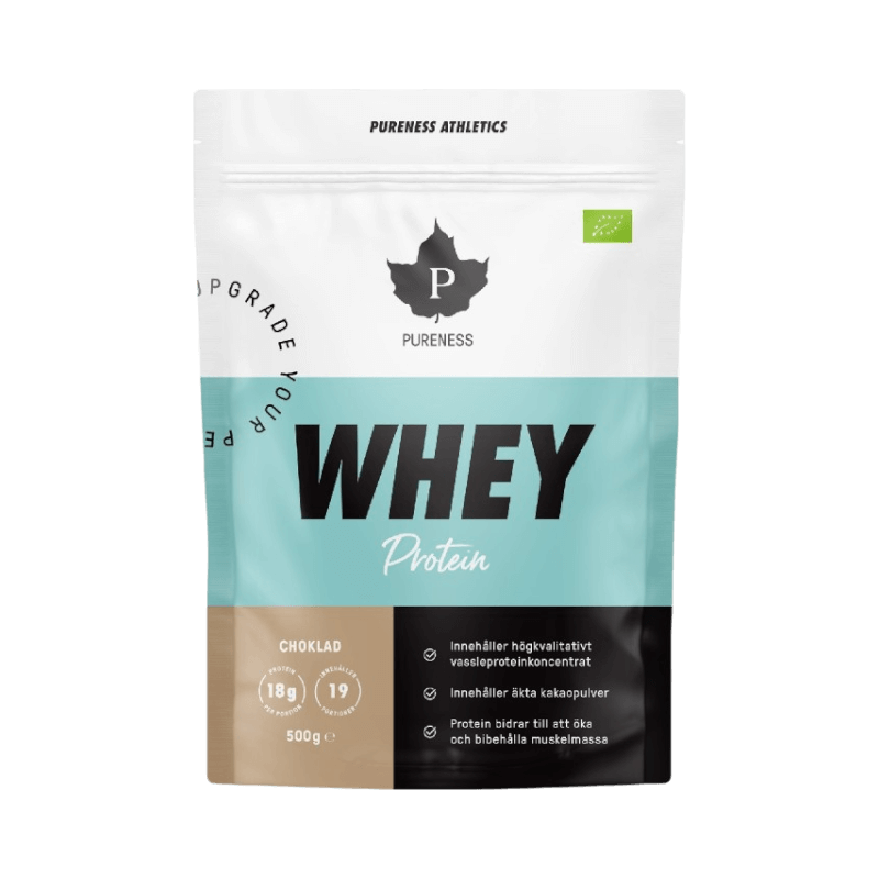 Whey proteinpulver med chokladsmak från Pureness Athletics, ekologiskt och svensktillverkat.