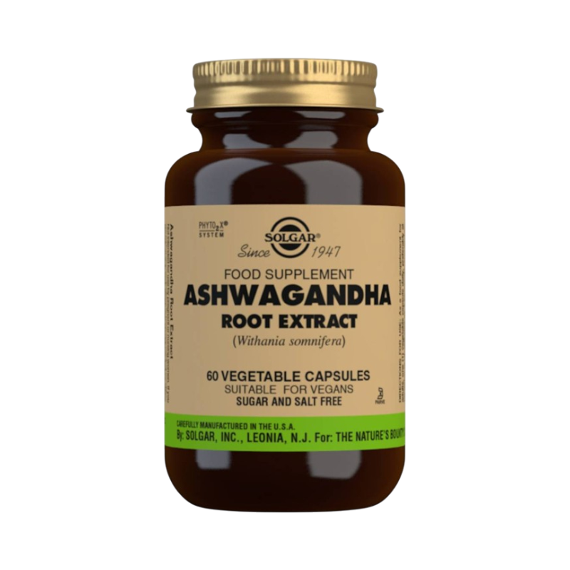 Solgar Ashwagandha Root Extract i brun glasburk med vegetabiliska kapslar