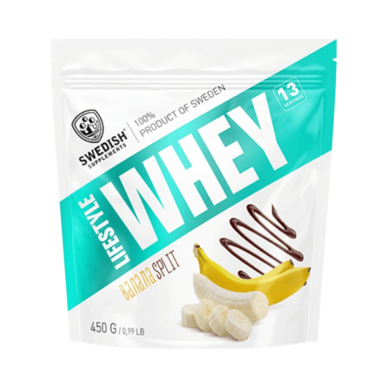 Whey proteinpulver med smak av banana split från Swedish Supplements, 13 portioner.