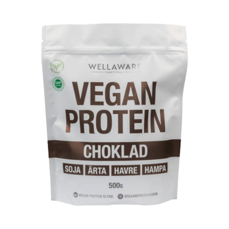 Vegan proteinpulver choklad från Wellaware med soja, ärta, havre och hampa.
